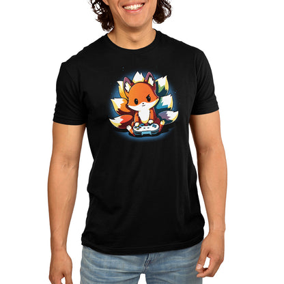 Person wearing a super soft ringspun cotton black Rainbow Gamer t-shirt by monsterdigital with a cartoon fox holding a game controller printed on it, standing and smiling.