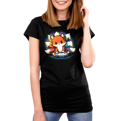 A person wearing the Rainbow Gamer by monsterdigital, a unisex tee featuring a fox holding a video game controller, printed on super soft ringspun cotton.