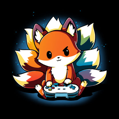 A cartoon fox holding a gaming controller. The fox, featured on a monsterdigital Rainbow Gamer T-Shirt, has multiple colorful tails and an intense expression. The background is dark with a blue glow around the fox. This unisex tee is crafted from super soft ringspun cotton for ultimate comfort while you game.