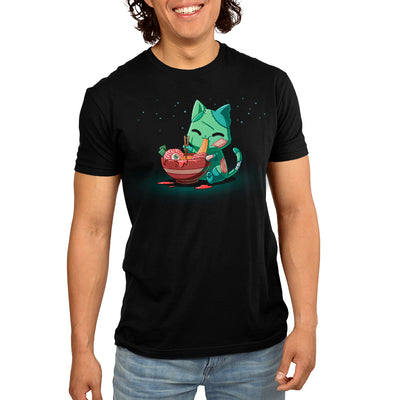 Premium Cotton T-shirt_TeeTurtle black Ramen Zombie Cat apparel featuring a green zombie cat eating a bowl of ramen noodles with a brain and eyeball in it.