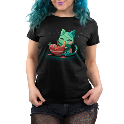 Premium Cotton T-shirt_TeeTurtle black Ramen Zombie Cat apparel featuring a green zombie cat eating a bowl of ramen noodles with a brain and eyeball in it.