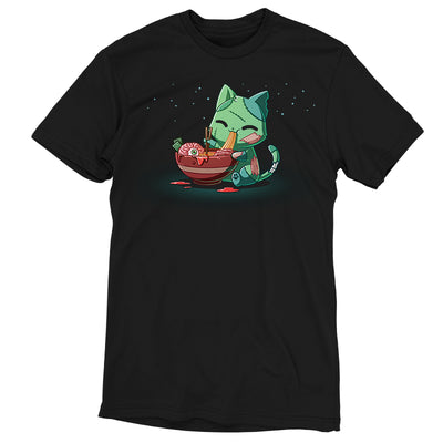 Premium Cotton T-shirt_TeeTurtle black Ramen Zombie Cat apparel featuring a green zombie cat eating a bowl of ramen noodles with a brain and eyeball in it.