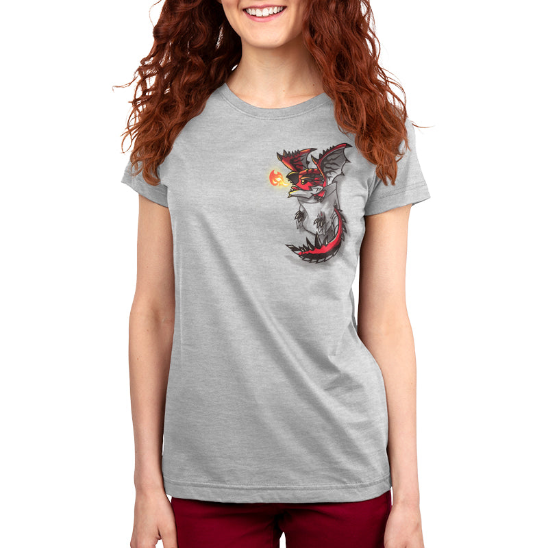Premium Cotton T-shirt_TeeTurtle silver gray Rathalos in Your Pocket apparel featuring Rathalos from Monster Hunter curled up in a pocket on the top righthand chest area.