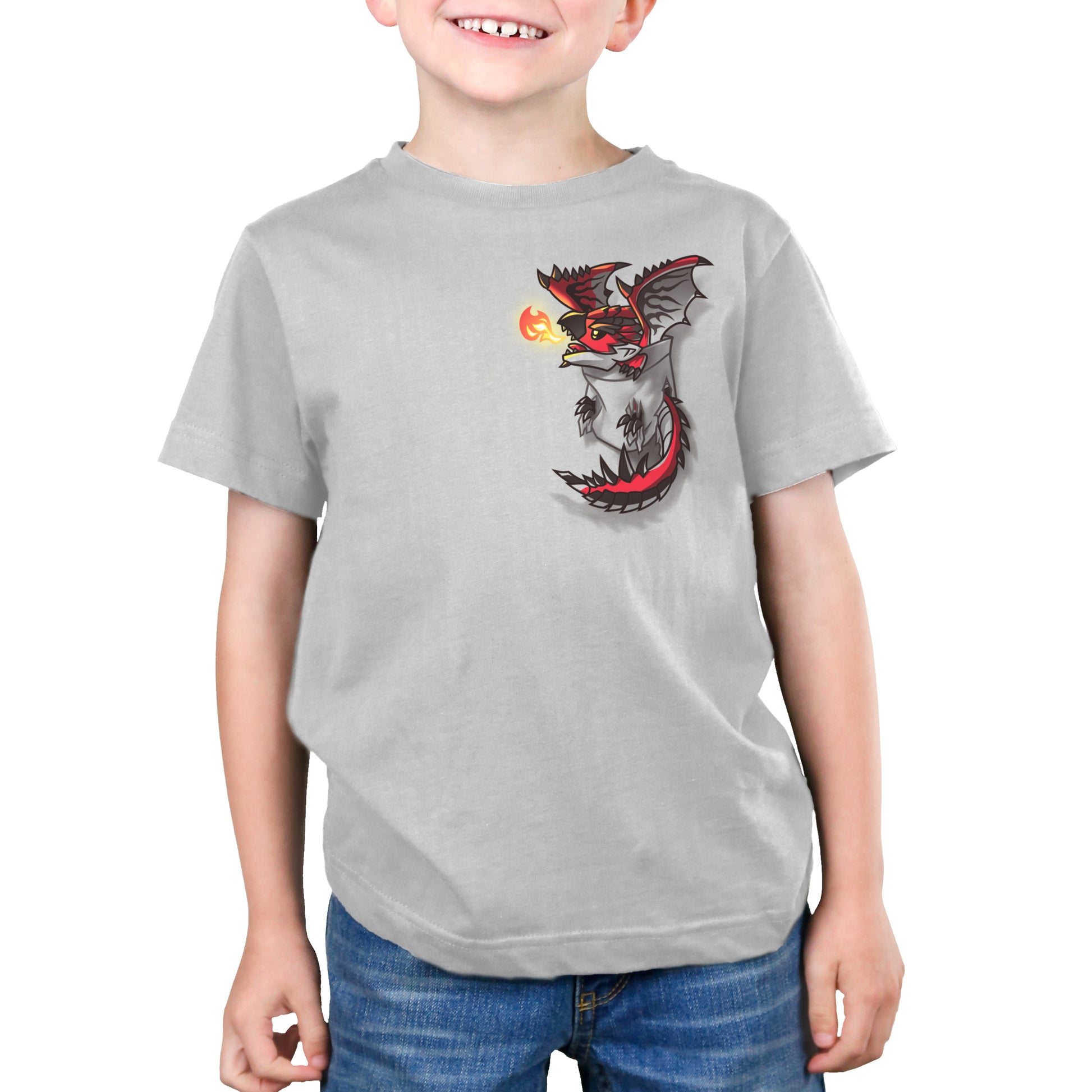 Premium Cotton T-shirt_TeeTurtle silver gray Rathalos in Your Pocket apparel featuring Rathalos from Monster Hunter curled up in a pocket on the top righthand chest area.