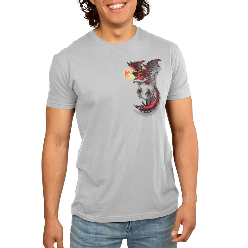 Premium Cotton T-shirt_TeeTurtle silver gray Rathalos in Your Pocket apparel featuring Rathalos from Monster Hunter curled up in a pocket on the top righthand chest area.