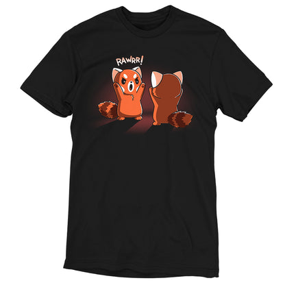 Premium Cotton T-shirt - This Rawrr! apparelby monsterdigital in black features a cartoon of a red panda standing with arms raised saying "RAWRR!" while another red panda stands with its back turned. Made from super soft ringspun cotton, it offers comfort and style wrapped in one playful design.