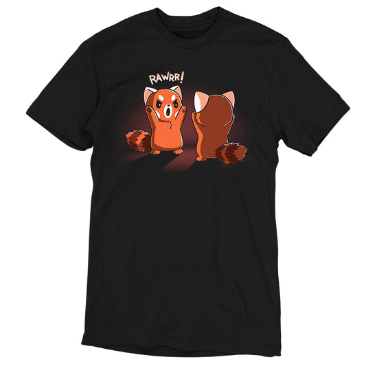 This Rawrr! tee by monsterdigital in black features a cartoon of a red panda standing with arms raised saying 