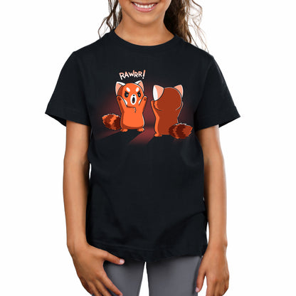 Premium Cotton T-shirt - Child wearing a black Rawrr! apparel made of Super Soft Ringspun Cotton by monsterdigital, featuring an illustration of two red pandas—one facing forward saying "RAWRR!" and the other facing backward.