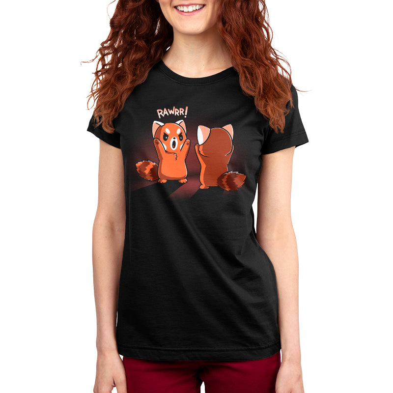 Premium Cotton T-shirt - Woman wearing a super soft ringspun cotton, unisex black apparel featuring an illustration of a cute red panda saying "Rawrr!" by monsterdigital.