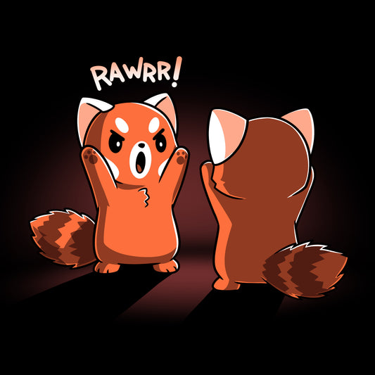 Two cartoon red pandas stand facing each other, with one raising its paws and saying 