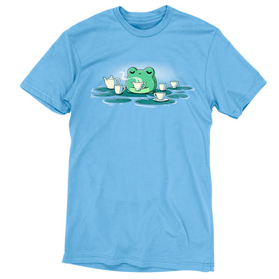 Premium Cotton T-shirt_TeeTurtle light blue Ribbit and Sip apparel featuring a frog drinking coffee sitting on a lily pad surrounded by lily pads with coffee cups on them.