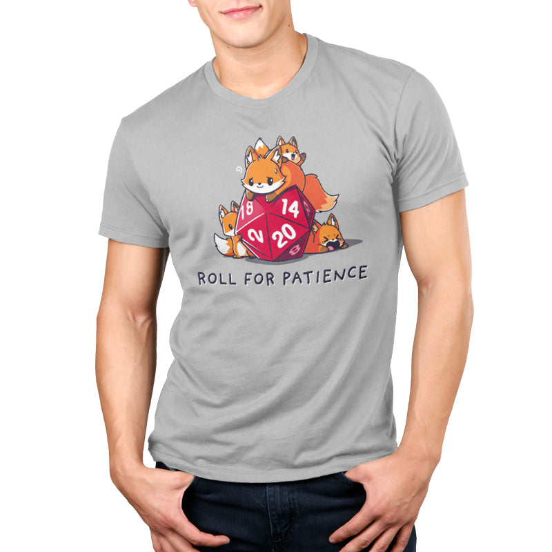 Premium Cotton T-shirt_TeeTurtle Roll for Patience silver gray t-shirt featuring one large orange fox looking worn out and three smaller foxes playing around a red 20-sided tabletop gaming die with "ROLL FOR PATIENCE" written below.