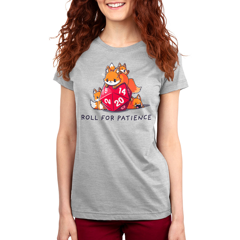 Premium Cotton T-shirt_TeeTurtle Roll for Patience silver gray t-shirt featuring one large orange fox looking worn out and three smaller foxes playing around a red 20-sided tabletop gaming die with "ROLL FOR PATIENCE" written below.