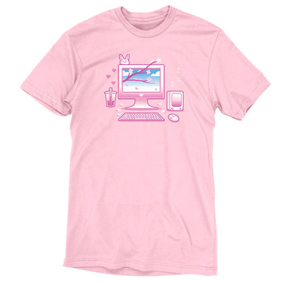 Premium Cotton T-shirt_TeeTurtle Sakura Setup light pink t-shirt featuring pixel art of a desktop computer setup in pink hues. The screen displays cherry blossoms and blue sky. A bubble tea, bunny, and musical notes adorn the scene. A keyboard and mouse are positioned below.