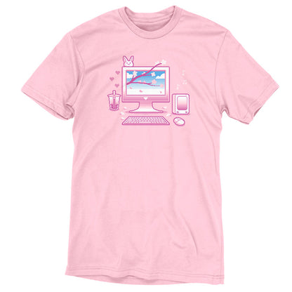 Premium Cotton T-shirt - Unisex apparelin pink featuring illustrations of a computer, keyboard, mouse, smoothie, handheld gaming device, and various cute icons. Crafted from super soft ringspun cotton with a cherry blossom aesthetic that adds a touch of whimsy. This is the Sakura Setup by monsterdigital.