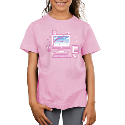 Premium Cotton T-shirt - A child wearing a monsterdigital unisex apparelfeaturing an illustration of a computer setup with a monitor displaying clouds and stars, a keyboard, a mouse, a drink, and musical notes. The super soft ringspun cotton apparelshowcases cherry blossom aesthetics in its pink hue.