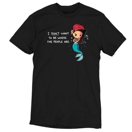 A black T-shirt made from super soft ringspun cotton featuring a cartoon mermaid with red hair and the text, 