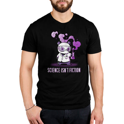 Premium Cotton T-shirt_Teeturtle black Science Isn't Fiction apparel featuring a Panda in a labcoat and safety goggles holding a bubbling, smoking beaker with the words 'Science Isn't Fiction' beneath.