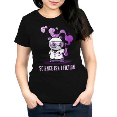 Premium Cotton T-shirt_Teeturtle black Science Isn't Fiction apparel featuring a Panda in a labcoat and safety goggles holding a bubbling, smoking beaker with the words 'Science Isn't Fiction' beneath.