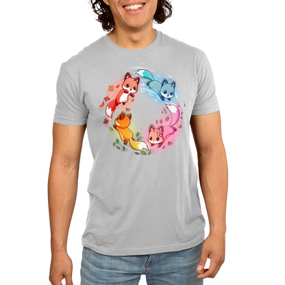 Premium Cotton T-shirt_TeeTurtle silver gray Seasonal Foxes apparel featuring a pink spring fox, gold summer fox, orange autumn fox, and blue winter fox chasing each other in a circle.