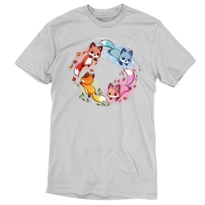 Premium Cotton T-shirt_TeeTurtle silver gray Seasonal Foxes apparel featuring a pink spring fox, gold summer fox, orange autumn fox, and blue winter fox chasing each other in a circle.