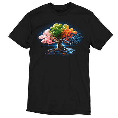 Premium Cotton T-shirt - featuring a tree with all four seasons represented in its leaves. One fourth has pink leaves, one fourth has green, one fourth has orange, and the last bit is has frozen branches