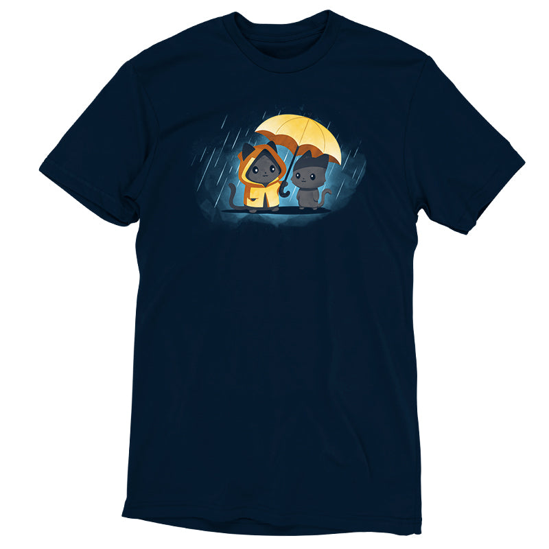 Navy blue Unisex Tee with an illustration of two dogs: one wearing a yellow raincoat, the other holding a yellow umbrella, both standing in the rain. Made from 100% Super Soft Ringspun Cotton for ultimate comfort. Introducing the Sharing Kindness by monsterdigital.