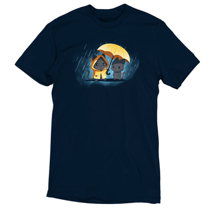 Navy blue Unisex Tee with an illustration of two dogs: one wearing a yellow raincoat, the other holding a yellow umbrella, both standing in the rain. Made from 100% Super Soft Ringspun Cotton for ultimate comfort. Introducing the Sharing Kindness by monsterdigital.