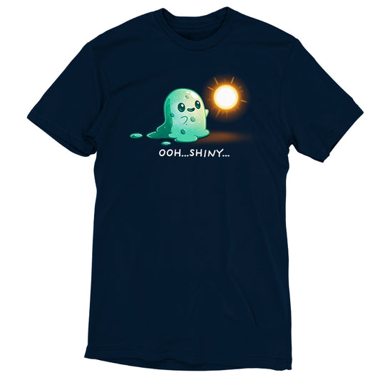 Navy blue Shiny Distraction t-shirt by monsterdigital featuring a cartoon ghost mesmerized by a shiny object, with the caption 