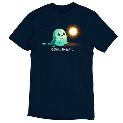Navy blue Shiny Distraction t-shirt by monsterdigital featuring a cartoon ghost mesmerized by a shiny object, with the caption "ooh...shiny.." below it. Made from super soft ringspun cotton.