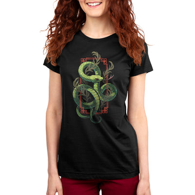 Premium Cotton T-shirt_TeeTurtle black Sinuous Snake apparel featuring a green snake coiled around leafy green plants and red frame.