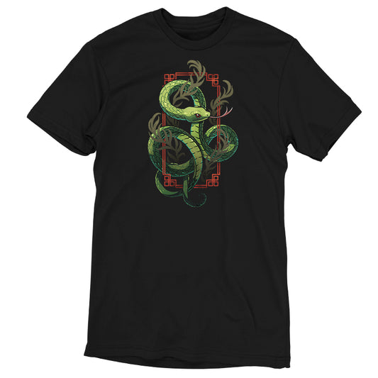 Premium Cotton T-shirt_TeeTurtle black Sinuous Snake apparel featuring a green snake coiled around leafy green plants and red frame.