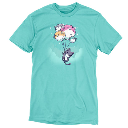 Premium Cotton T-shirt_TeeTurtle Sky High caribbean blue t-shirt featuring a cat holding onto strings attached to five pufferfish balloons floating against a turquoise sky.