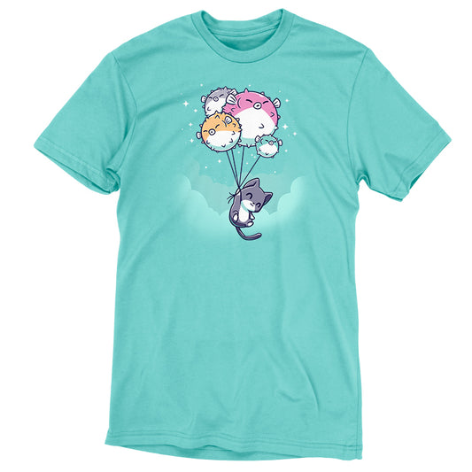 A Caribbean Blue T-shirt showcasing a whimsical design of five cartoon cats holding balloons. Made from super soft ringspun cotton, this monsterdigital Sky High tee features one gray cat clutching all the others as they float upward.