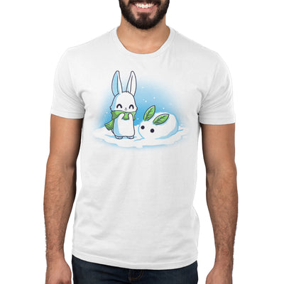 Premium Cotton T-shirt_TeeTurtle Snow Bunnies white t-shirt featuring a smiley white bunny out in the snow wearing a green scarf with a little snowbunny with green leaves as years right next to them