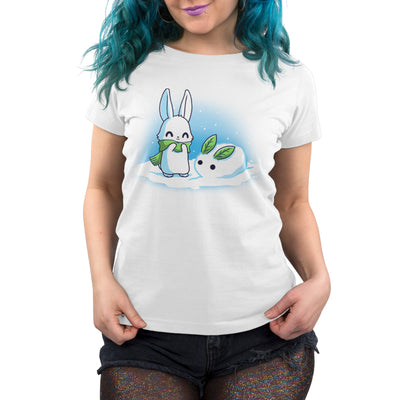 Premium Cotton T-shirt_TeeTurtle Snow Bunnies white t-shirt featuring a smiley white bunny out in the snow wearing a green scarf with a little snowbunny with green leaves as years right next to them