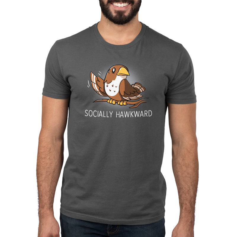 Premium Cotton T-shirt_Teeturtle Socially Hawkward Charcoal Gray Featuring a Hawk sitting on a branch looking nervous as it waves its wing awkwardly.