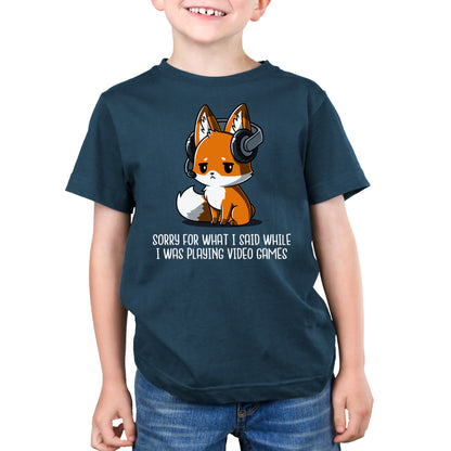 Premium Cotton T-shirt_Teeturtle Sorry For What I Said denim t-shirt featuring a fox wearing a headset looking apologetic with the text "Sorry for what I said while I was playing video games" written below.