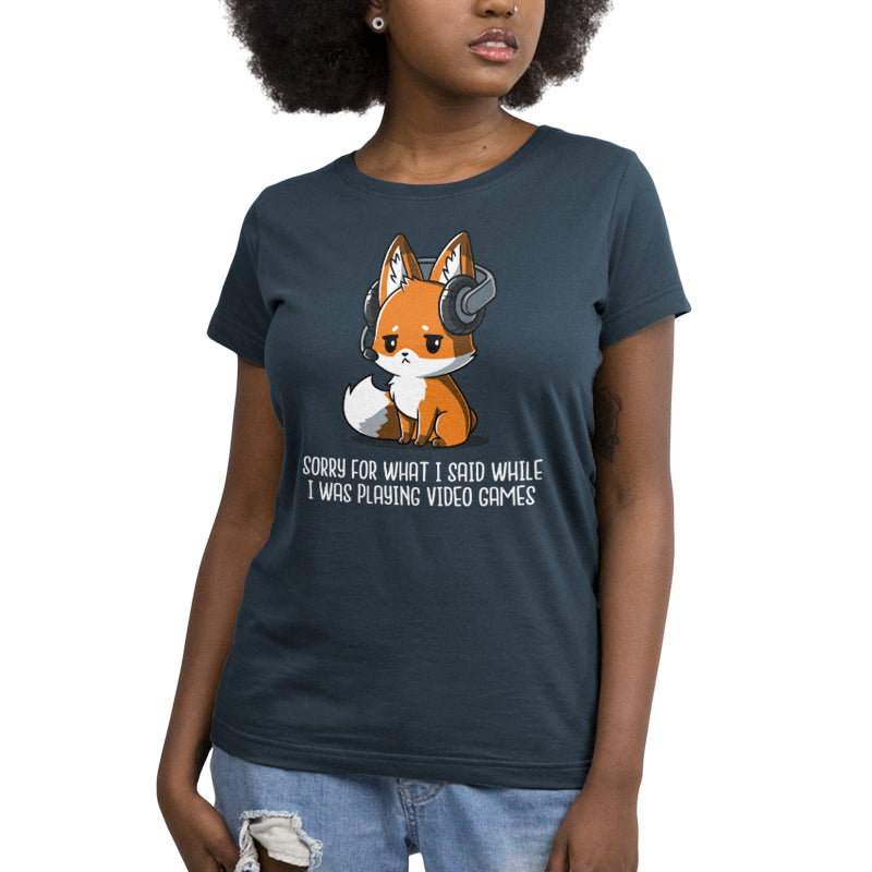 Premium Cotton T-shirt_Teeturtle Sorry For What I Said denim t-shirt featuring a fox wearing a headset looking apologetic with the text "Sorry for what I said while I was playing video games" written below.