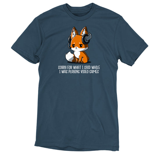 A denim blue monsterdigital t-shirt featuring a graphic of a fox wearing headphones and text that reads, 