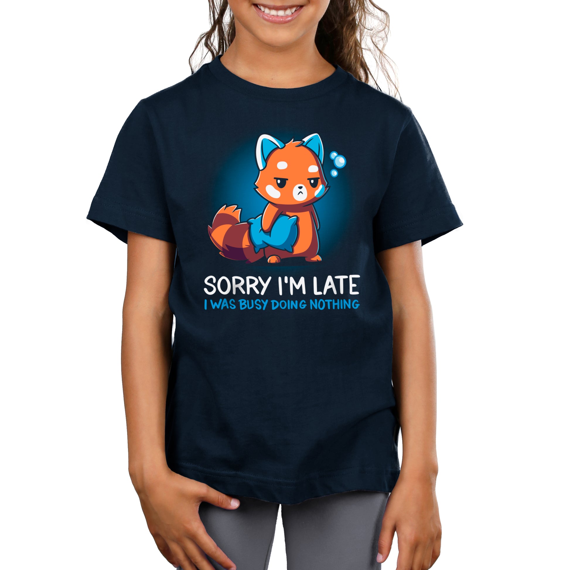 Premium Cotton T-shirt_TeeTurtle Sorry I'm Late navy blue t-shirt featuring a sarcastic red panda holding a pillow looking tired.