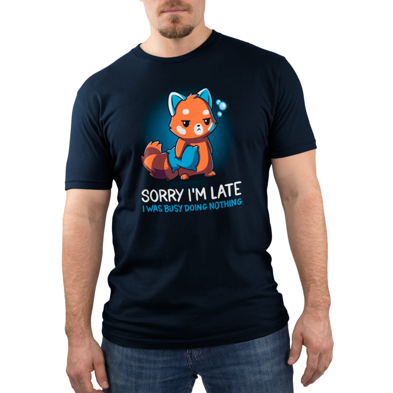 Premium Cotton T-shirt_TeeTurtle Sorry I'm Late navy blue t-shirt featuring a sarcastic red panda holding a pillow looking tired.