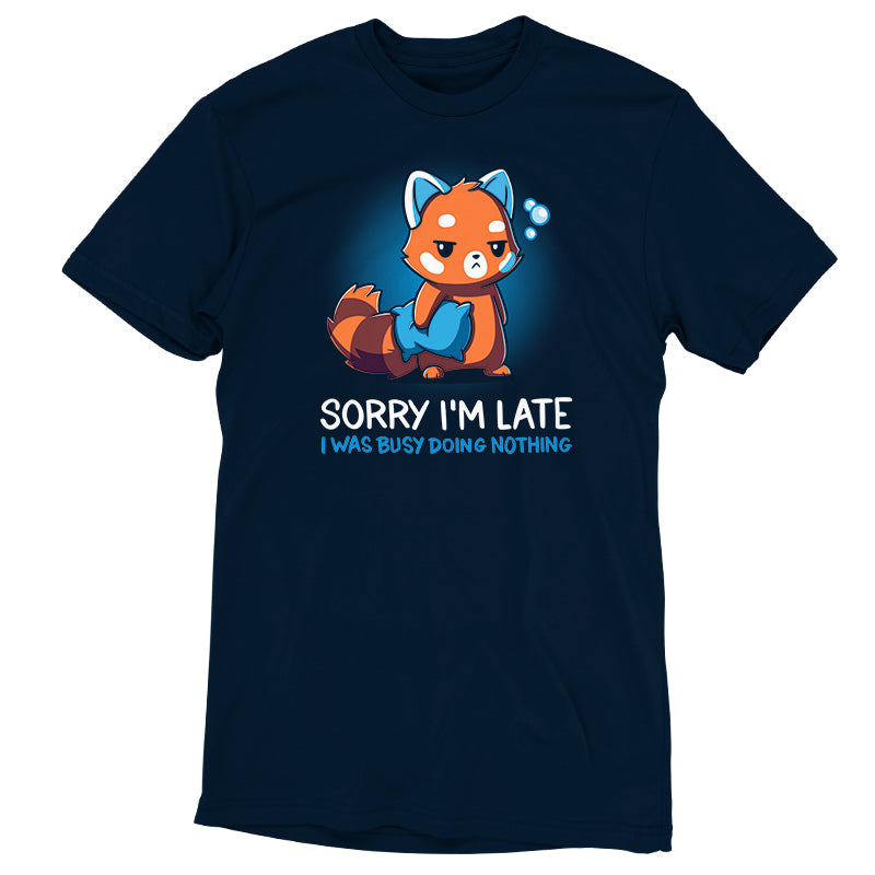 Premium Cotton T-shirt_TeeTurtle Sorry I'm Late navy blue t-shirt featuring a sarcastic red panda holding a pillow looking tired.