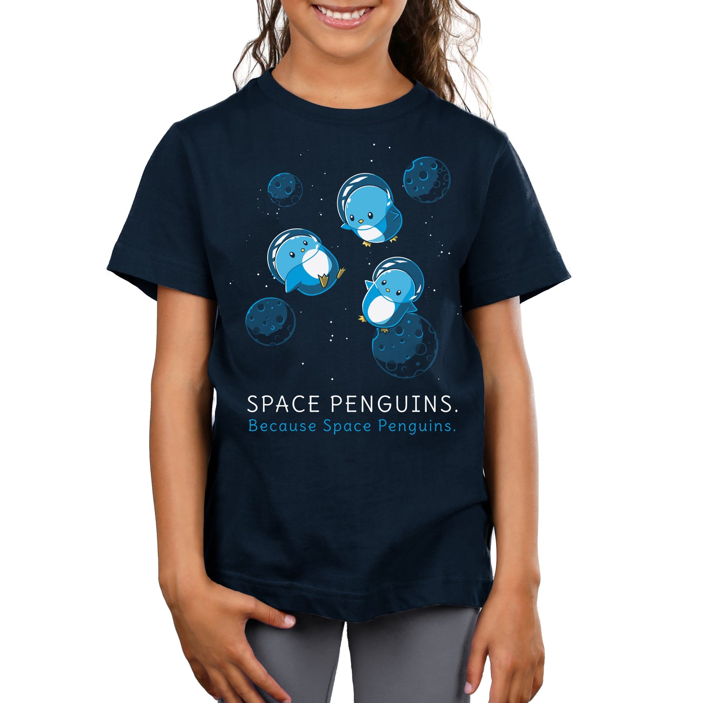 Premium Cotton T-shirt - featuring three cute little blue penguins in space helmets floating in space