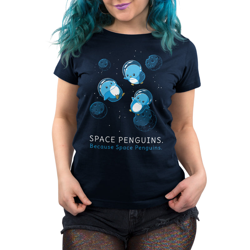 Premium Cotton T-shirt - featuring three cute little blue penguins in space helmets floating in space