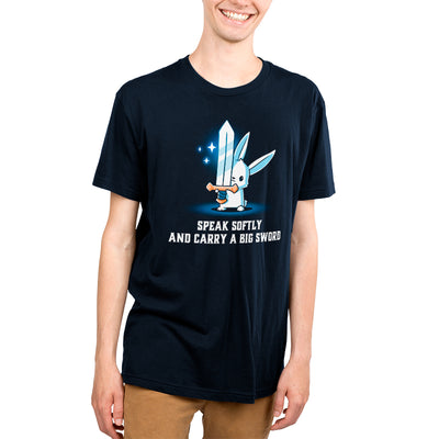 Premium Cotton T-shirt_TeeTurtle navy blue Speak Softly and Carry a Big Sword featuring a white rabbit holding a very big sword in its forepaws with 'Speak Softly and Carry a Big Sword' written beneath.