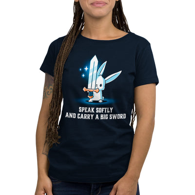 Premium Cotton T-shirt_TeeTurtle navy blue Speak Softly and Carry a Big Sword featuring a white rabbit holding a very big sword in its forepaws with 'Speak Softly and Carry a Big Sword' written beneath.