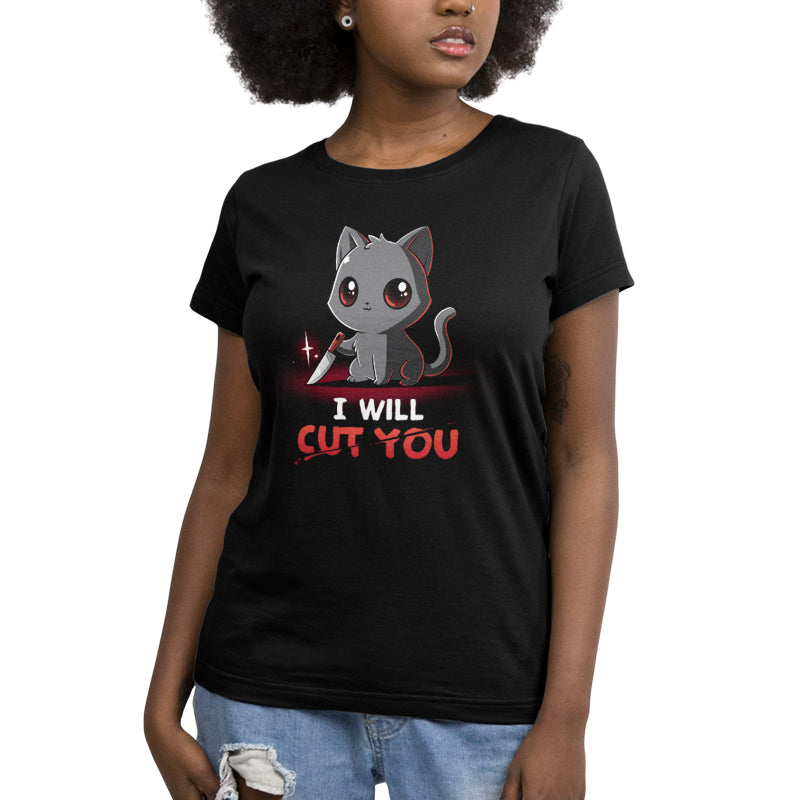 Premium Cotton T-shirt_TeeTurtle Stabby The Kitty black t-shirt featuring a grey cat holding a small knife with text that reads "I Will Cut You."