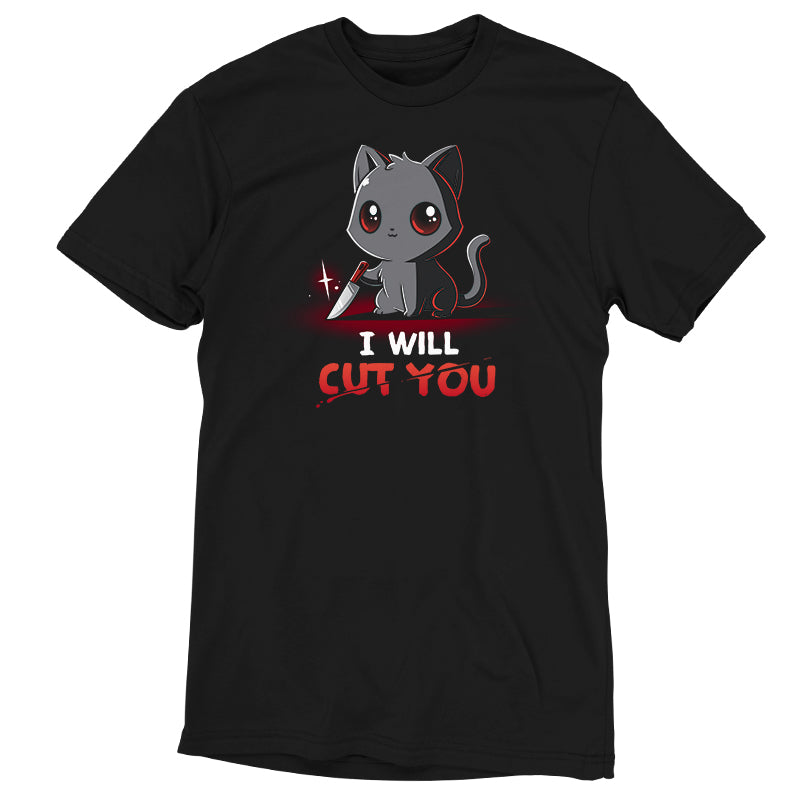 Premium Cotton T-shirt_TeeTurtle Stabby The Kitty black t-shirt featuring a grey cat holding a small knife with text that reads "I Will Cut You."