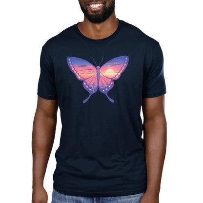 Premium Cotton T-shirt_TeeTurtle navy blue Sunset Butterfly. Featuring a butterfly with a sunset ocean landscape on its wings.